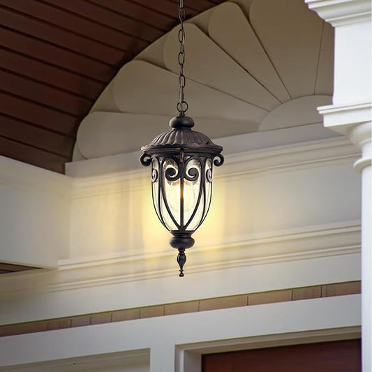 Vintage Bronze Outdoor Pendant Lights for Porch, 20 1/2" High Exterior Hanging Light Fixture with Adjustable Chain, Outside Ceiling Lantern with Seeded Glass for Patio, Entryway