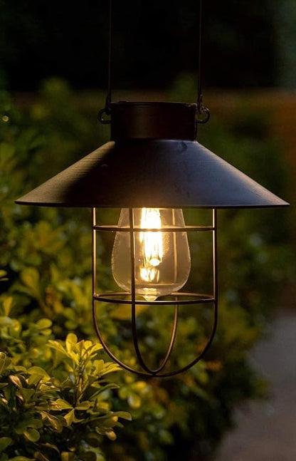 EpicGadget Outdoor Solar Lantern Garden Hanging Light with Shepherd Hook, Retro Metal Solar Lamp with Warm White Edison Bulb Design for Pathway, Porch, Landscape, Lawn, Yard Decoration (Black)