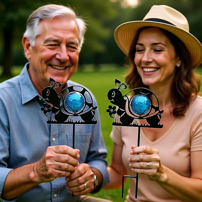 Turtle Solar Lights Outdoor Decorations, 2 Pack Metal Iron Solar Stake Lights for Yard, Garden, Lawn Decor