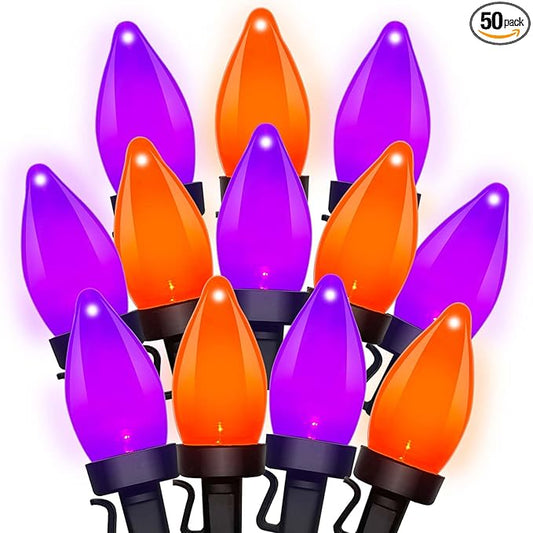 Purple and Orange Halloween Lights, 26FT 50 Count Halloween C7 LED String Lights for Indoor/Outdoor Use, Purple Orange Lights for Patio Home Party Garden Yard-Black Wire