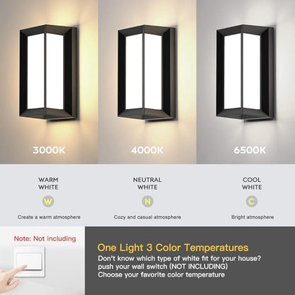 Sytmhoe Outdoor Wall-Porch-Light, Modern Exterior LED Wall Sconce,24W-Led Matte Black Exterior Wall Fixtures,Mounted Wall Patio Lamps,3-Color-Changeable for Garage Walkway Backyard Garden