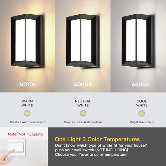 Sytmhoe Outdoor Wall-Porch-Light, Modern Exterior LED Wall Sconce,24W-Led Matte Black Exterior Wall Fixtures,Mounted Wall Patio Lamps,3-Color-Changeable for Garage Walkway Backyard Garden