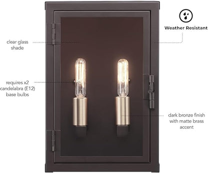 GLOBE Electric 60000131 2-Light Outdoor Wall Sconce, Dark Bronze, Matte Brass Accents, Weatherproof Glass Door Closure