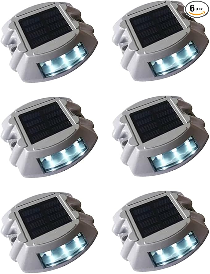 6 Pack Solar Deck Lights Outdoor Waterproof LED Solar Step Lights, Warning Road Marker Solar Powered Driveway Dock Lights for Pathway, Stairs, Ground, Flat (6, White Always on)