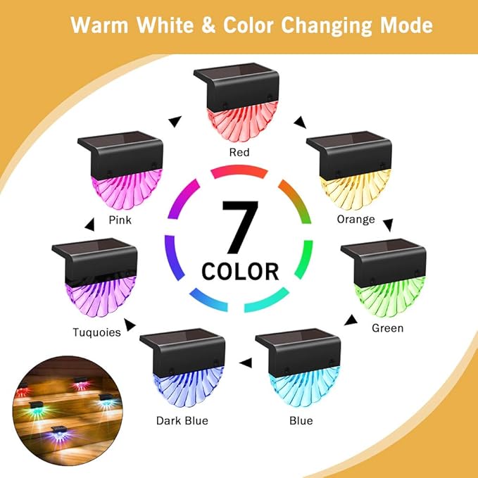 Solar Deck Lights Outdoor - 8 Pack Solar Step Light CIYOYO Waterproof Fence Lights for Patio Stairs Post Pathway Porch Driveway Yard Garden Decor, Warm White/LED Color Glow Lighting