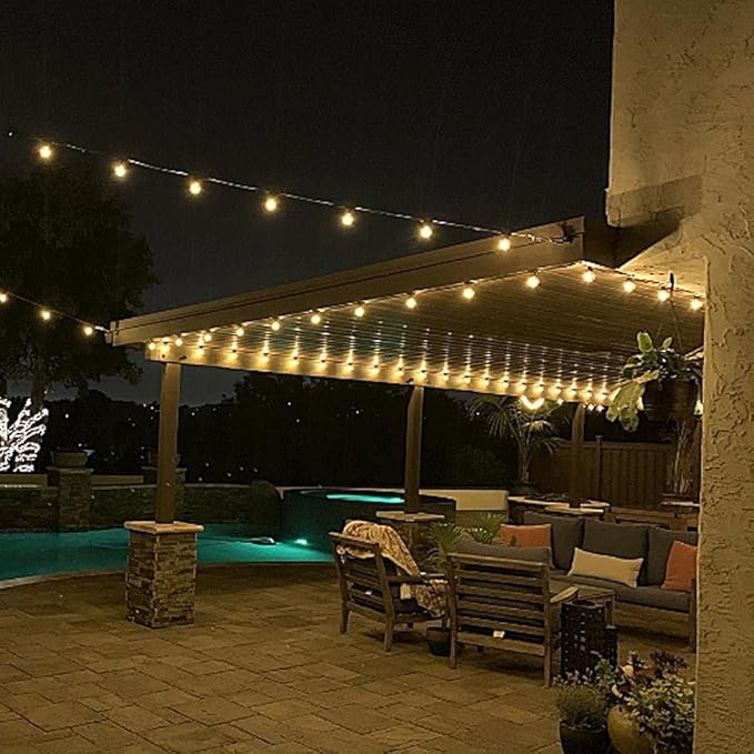 Novelty Lights 100 Feet G40 LED Patio String Light Set with 67 Bulbs, Warm White, Weather Resistant and Shatterproof Replaceable Plastic Globe Bulbs, Brown Wire
