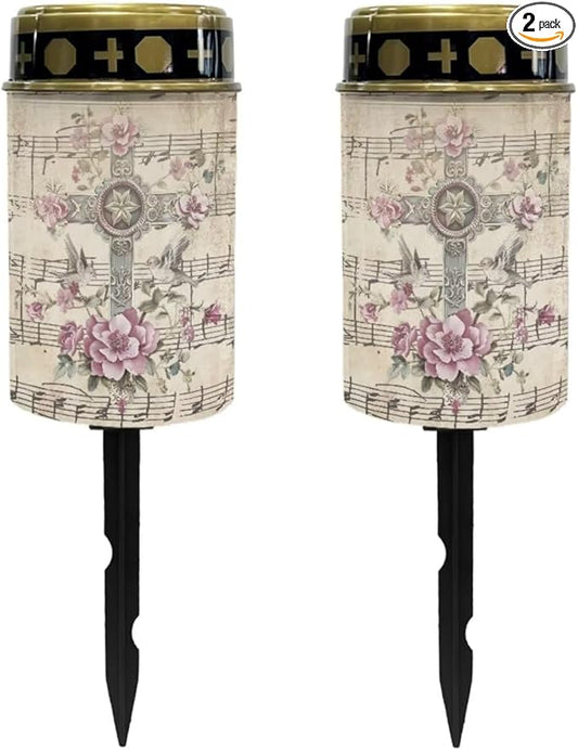 Poceacles Cross Solar Lights - Outdoor Cemetery & Garden Solar Lanterns, Waterproof Decoration, Flower Bird Cross Music Score, Pack of 2