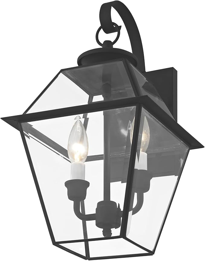Livex Lighting 2281-04 Westover 2 Light Outdoor Black Finish Solid Brass Wall Lantern with Clear Beveled Glass