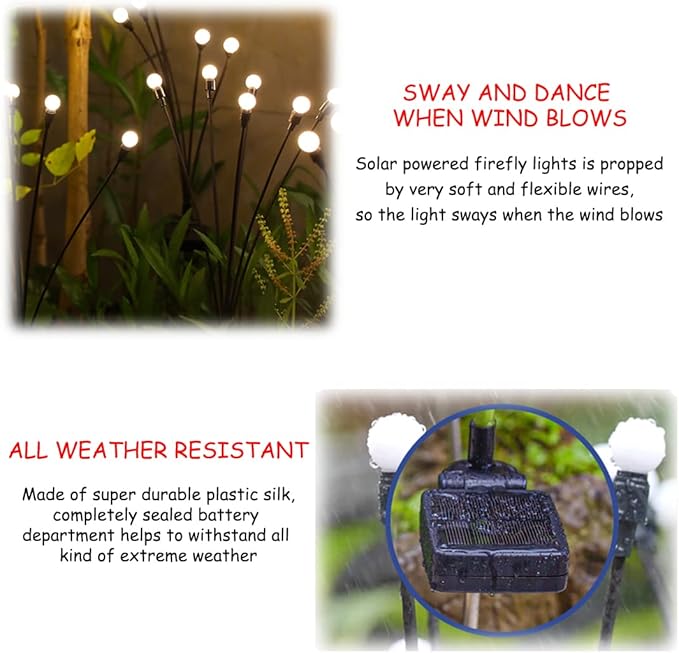 4PCS 6LED Solar Powered Firefly Lights Outdoor Waterproof, Starburst Swaying Garden Lights, When Wind Blows Decorative String