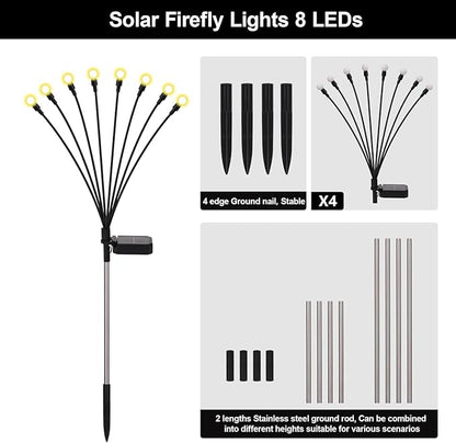 Firefly Lights Solar Outdoor, 8 Modes 800mAh Swaying Solar Firefly Garden Lights Stakes Outdoor Waterproof for Outside Yard Patio Plant Christmas Holiday Garden Decor Warm White(4 Pack)