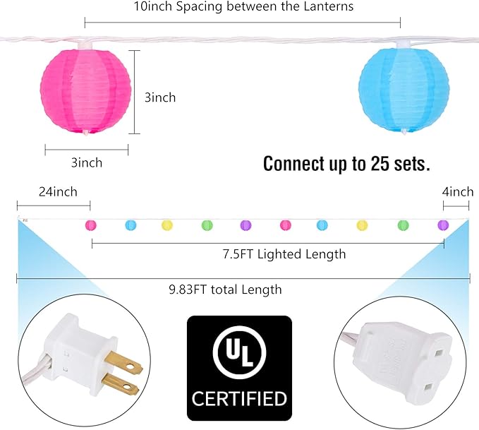 Lantern String Lights 9.83FT 3Inch UL Listed Lantern Lights for Bedroom, Colorful Mini Lanterns Outdoor Hanging for Patio,Home/Garden Decor