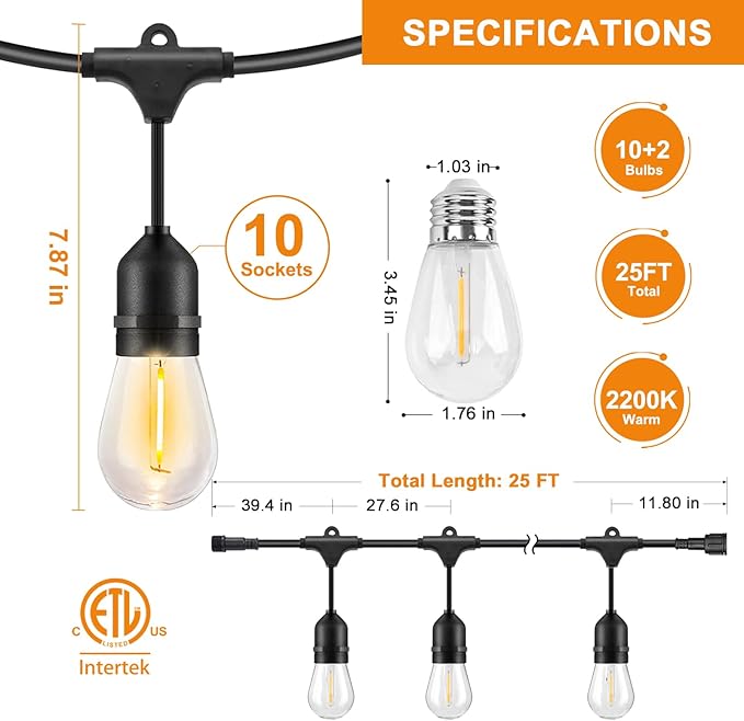 COOS BAY Solar-Powered 25 FT S14 String Lights, IP65, 10 Shatterproof Edison Vintage Bulbs (2 Spare) for Outdoors, 10 Hanging Sockets, Decorative Lights for Patio, Garden, Wedding, Party, and Pool