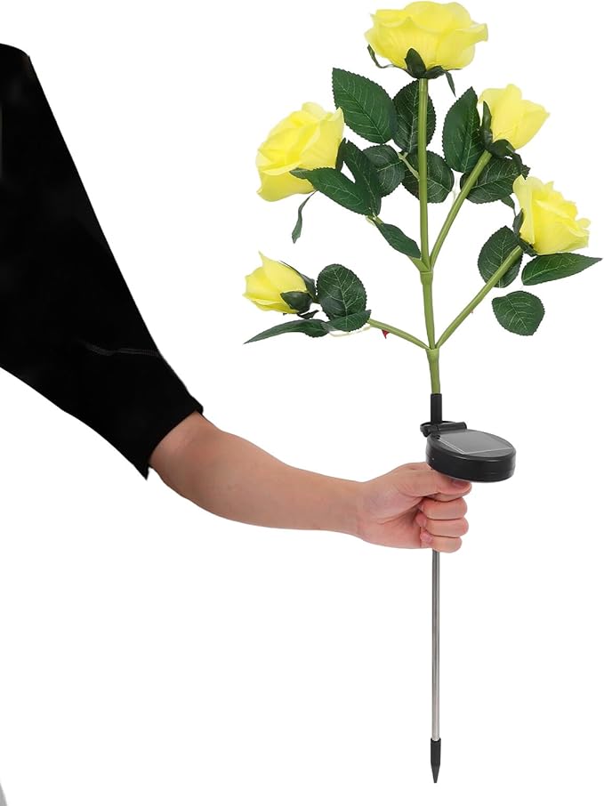 NUOBESTY 2pcs Solar Rose Flower Stake Lights, LED Yellow Solar Lawn Garden Lamps for Outdoor Pathway, Patio, Yard Decoration, Solar-Powered Simulated Rose Tree Lamps