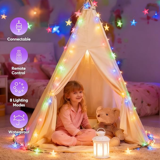 150 LED Color Changing Star String Lights - 65.6ft with Remote, 11 Modes, IP44 Waterproof, Linkable Plug in Lights | Lumora