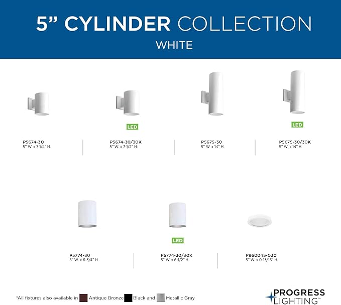 Progress Lighting 5-Inch Cylinder Outdoor Wall Sconce, 2-Light Modern Wall Mount Up and Down Lights, Interior and Exterior Lighting for Home or Porch, Aluminum Construction, White (P5675-30)