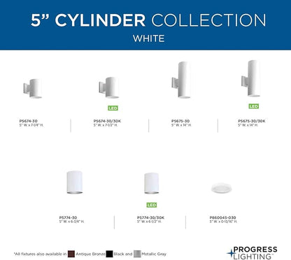 Progress Lighting 5-Inch Cylinder Outdoor Wall Sconce, 2-Light Modern Wall Mount Up and Down Lights, Interior and Exterior Lighting for Home or Porch, Aluminum Construction, White (P5675-30)