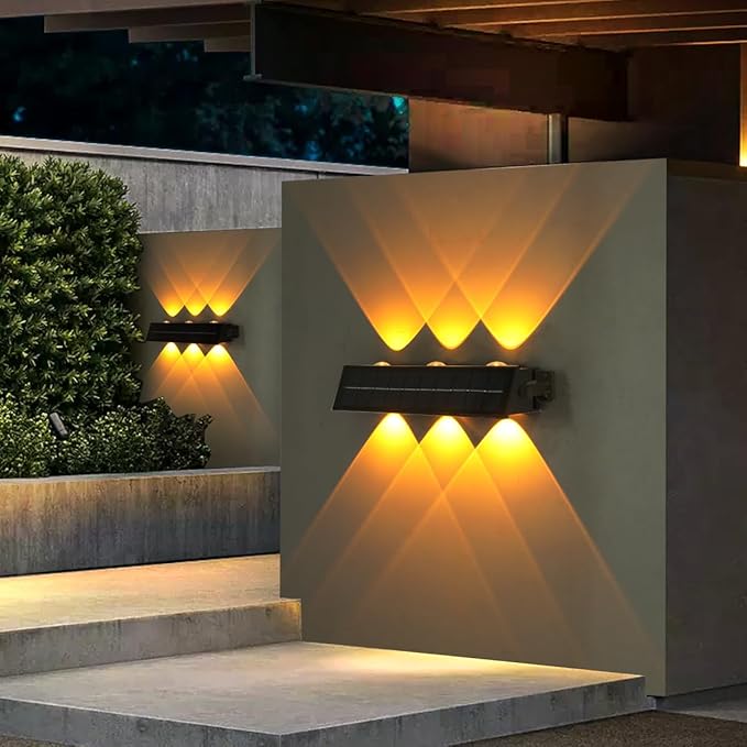 Solar Fence Lights Outdoor Waterproof 2 Pack, Dusk to Dawn Up and Down Wall Sconce for House Deck Step Fence Porch Patio, Warm White LED Lighting for Outside Yard Garden, Easy Install