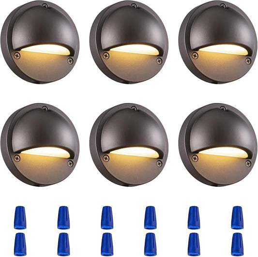 LED Low Voltage Deck Lights 2700K Landscape Railing Fence Light 180LM 12-24V AC/DC Aluminum Housing Outdoor Step Lights IP65 with Wire Nuts 4FT Corded ORB Finish 3.74 Inch Diameter 6-Pack