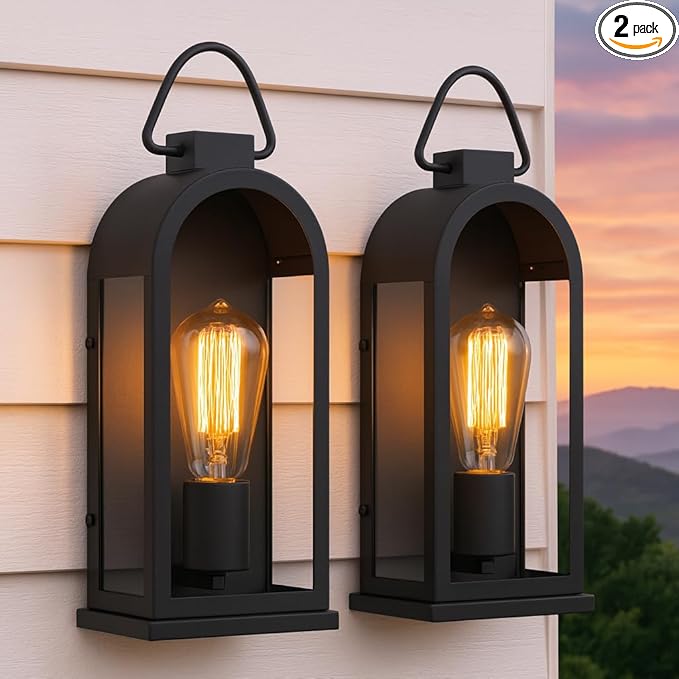 Vintage Outdoor Wall Light Fixtures (2 Pack) - Matte Black Porch Lantern/Exterior Wall Sconce, Glass Shade, Sturdy | Lumora