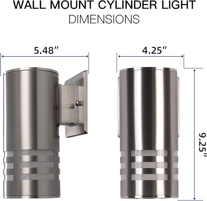 Outdoor Wall Sconce,Cylinder Wall Light with Stainless Steel 304 and Toughened Glass,Waterproof Up Down Light for Garden Patio Bedroom Living Room (Brushed Nickel, 8.7" Height,No Bulbs)