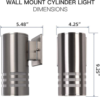 Outdoor Wall Sconce,Cylinder Wall Light with Stainless Steel 304 and Toughened Glass,Waterproof Up Down Light for Garden Patio Bedroom Living Room (Brushed Nickel, 8.7" Height,No Bulbs)