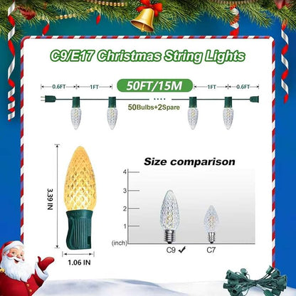 C9 Christmas String Lights, 50 Feet Waterproof Connectable Green Wire Fairy Lights, Christmas Lights for Indoor Outdoor Home Yard Roof Xmas Tree House Decorations, 50+2 Bulbs, Warm White