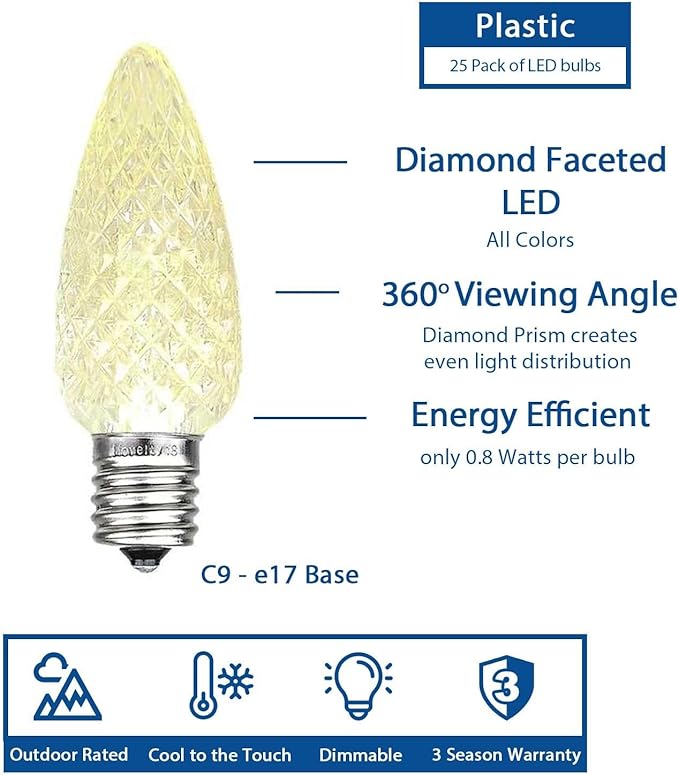 Novelty Lights 25PK C9 LED Faceted Ultra Bright Dimmable Outdoor Christmas Light Replacement Bulbs LED Bulbs | Lumora