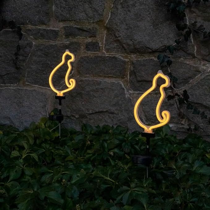 Touch Of ECO Solar LED Neon Cat Stake Light - Warm White - Outdoor Garden Décor, Yard Ornaments, Landscape Lights, Patio Walkway Decoration Gift Idea for Cat Lovers