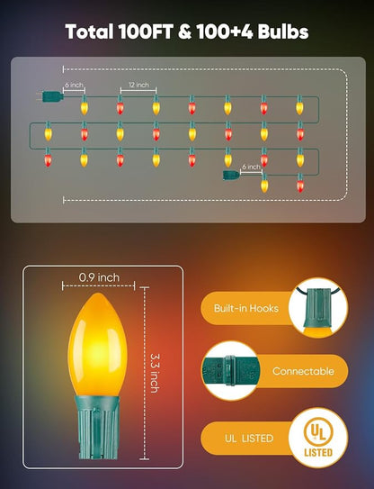 Vintage C9 LED Christmas Lights Outdoor, 100 Feet C9 String Lights with 100 Shatterproof Matte Bulbs, Connectable Waterproof Lights for Holiday Party Roofline Backyard Garden Patio, Red & Warm White