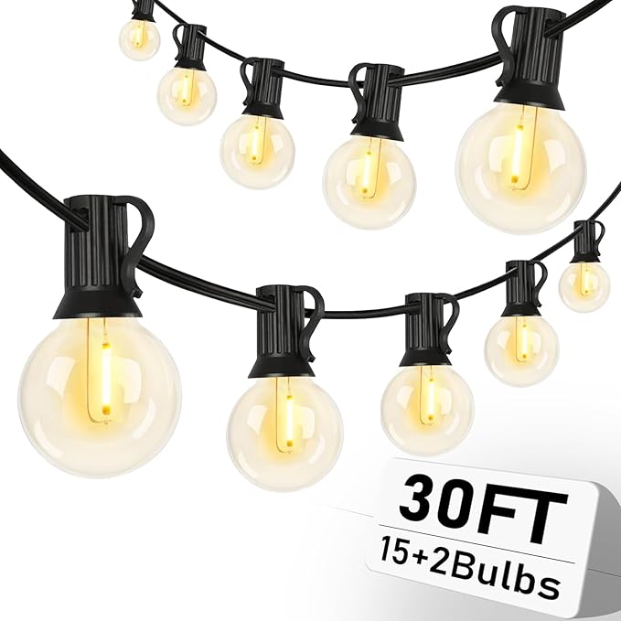 30FT LED Outdoor String Lights, G40 Globe Patio Lights with 17 Shatterproof G40 Vintage Edison Bulbs(2 Spare), UL Listed for Garden, Wedding, Market, Porch, Bistro Backyard Holiday Decor, Black Wire