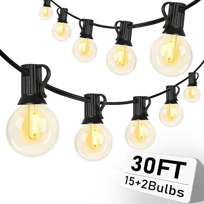 30FT LED Outdoor String Lights, G40 Globe Patio Lights with 17 Shatterproof G40 Vintage Edison Bulbs(2 Spare), UL Listed for Garden, Wedding, Market, Porch, Bistro Backyard Holiday Decor, Black Wire