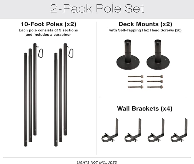 EXCELLO GLOBAL PRODUCTS Premium String Light Poles - 2 Pack - Extends to 10 Feet – Deck Mount (Wood/Concrete) | Lumora