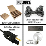 Hometown Evolution, Inc. 50 Foot Globe Patio String Lights with G50 2” Clear Light Bulbs and Black Wire (+ 2 Free | Lumora