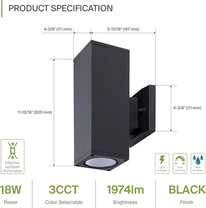 ASD 2 Light Square LED Indoor & Outdoor Wall Light Fixture | 18W 1900LM 3000K-5000K 120V Cylinder Up Down Lights | Dimmable Exterior Wall Sconce | Front Door, Porch, Patio | Black, ETL