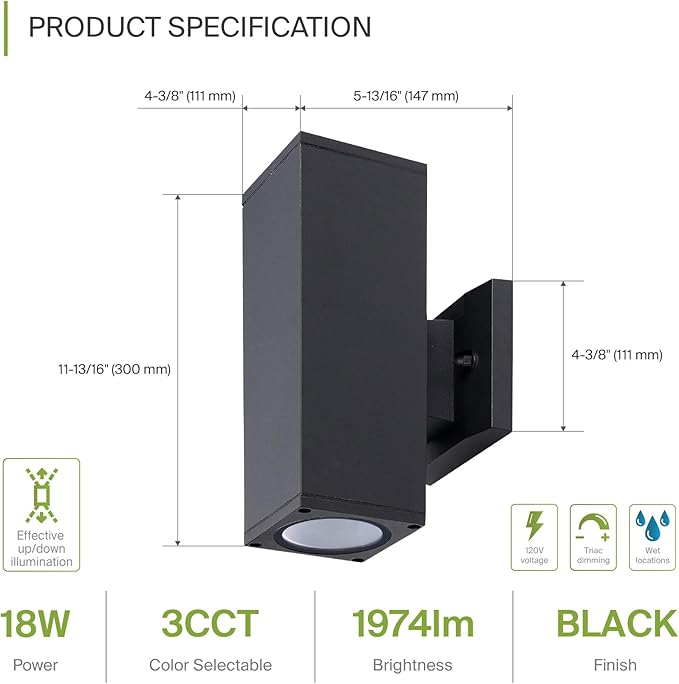 ASD 2 Light Square LED Indoor & Outdoor Wall Light Fixture | 18W 1900LM 3000K-5000K 120V Cylinder Up Down Lights | Dimmable Exterior Wall Sconce | Front Door, Porch, Patio | Black, ETL 6 Pack