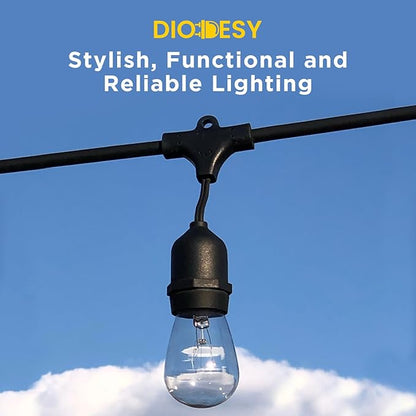 Diodesy- 48Ft Outdoor String Lights with S14 LED Shatterproof Edison Bulb & 15 Hanging Socket Commercial Grade E26 Medium Base 22.5W 2250 Lumens 2700K Warm White- Waterproof for Patio Garden Backyard