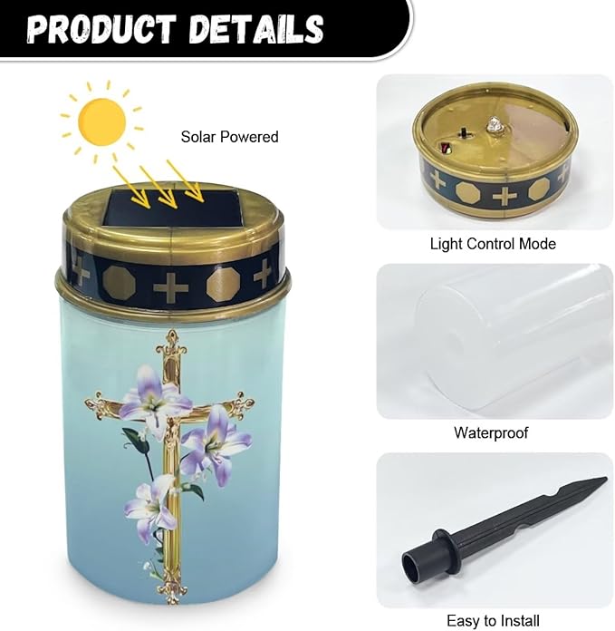 Solar Cross for Cemetery Grave Lily Grave Decorations for Cemetery Auto On/Off LED Solar Light for Landscape Outdoor Cemetery Decor Memorial Gifts 2 Pack