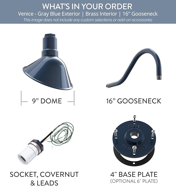Steel Lighting Co. Venice Store Sign Light | for Outdoor Restaurant Accent Wall | 9 inch Dome | 16" Gooseneck | Made in America | Gray Blue Exterior/Brass Interior