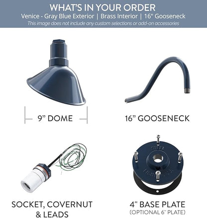Steel Lighting Co. Venice Store Sign Light | for Outdoor Restaurant Accent Wall | 9 inch Dome | 16" Gooseneck | Made in America | Gray Blue Exterior/Brass Interior