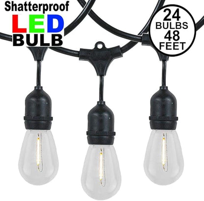 Novelty Lights 48 Feet Warm White, 2200K LED String Lights Outdoor with 24 Edison Style Bulbs, Suspended Sockets, Black Wire, Shatterproof and Weatherproof Patio String Lights for Backyard