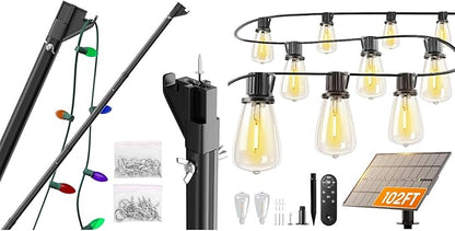 addlon 102FT(96+6) Solar String Lights and Telescopic Extension Pole for Hanging Christmas Lights