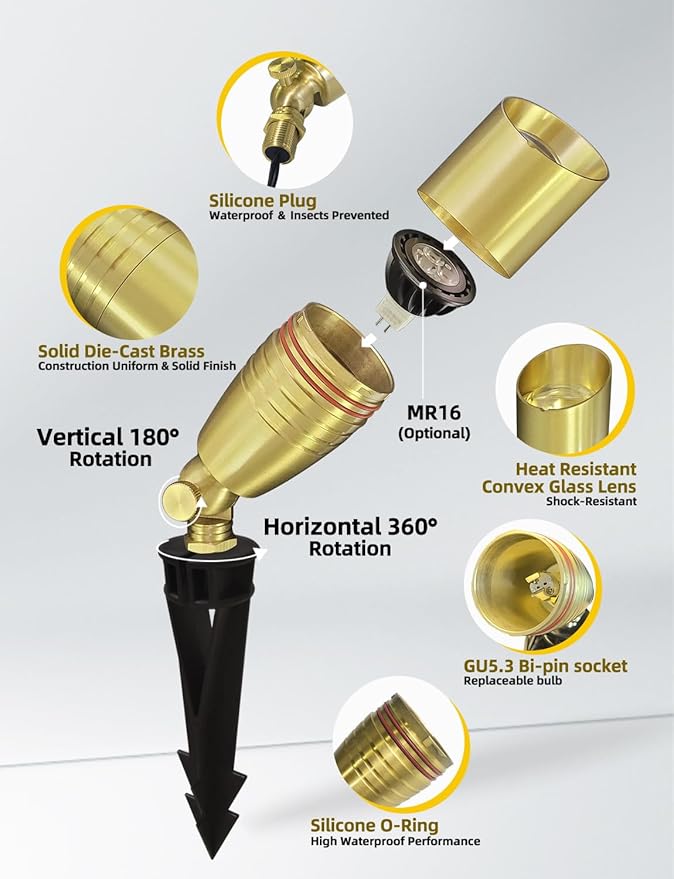 COLOER Die-cast Brass Landscape Spotlight 1-Pack Without Bulb,12V AC/DC Low Voltage Copper Outdoor Lighting with Ground Stake, Directional Garden Patio Spot Up Light (102B Copper Finish)