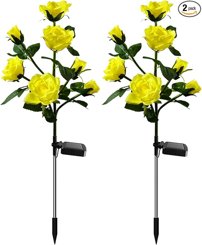 2 Pack Solar Garden Lights Outdoor, Waterproof 7-Rose Flower Lights for Yard, Solar Powered Outdoor Lights, Stake Lights for Patio Pathway Lawn Fence(Yellow, 27")