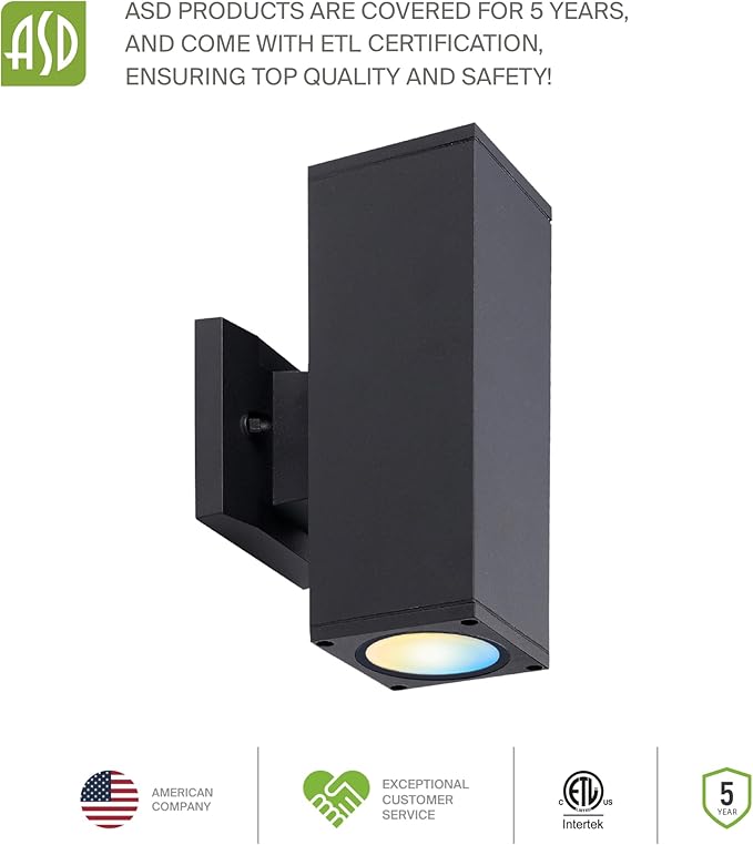 ASD 2 Light Square LED Indoor & Outdoor Wall Light Fixture | 18W 1900LM 3000K-5000K 120V Cylinder Up Down Lights | Dimmable Exterior Wall Sconce | Front Door, Porch, Patio | Black, ETL 6 Pack