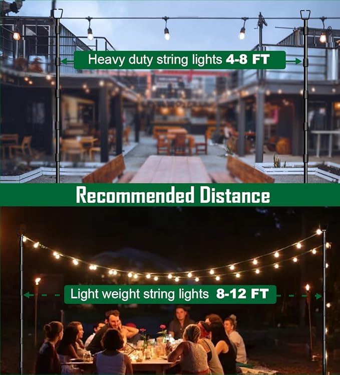 10Ft String Light Poles for Outside - 2 Pack Adjustable Metal Poles for Outdoor String Lights, Rustproof & Sturdy | Lumora