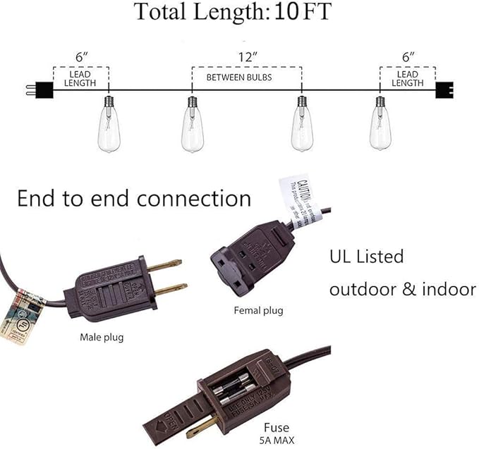 10Ft Outdoor String Lights Waterproof with 10 ST40 E17 Edison Replacement Lights Bulbs, Vintage Patio String Lights | Lumora