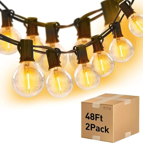 96FT(48×2) 2-Pack LED Outdoor String Lights with 24+2 Plastic Shatterproof Bulbs, Outdoor Waterproof, Festoon | Lumora