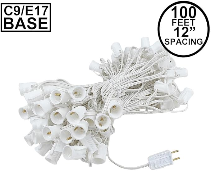 Novelty Lights 100 Foot C9 Outdoor String Light Christmas Stringer - Patio String Lights - Intermediate Base (C9/E17) - 12" Spacing - White Wire
