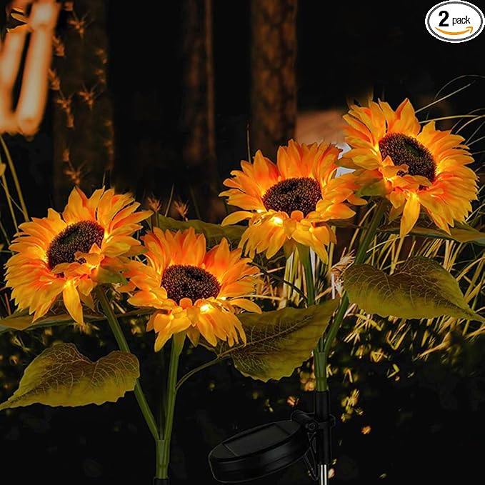 GUOCHENG Sunflower Solar Lights Outdoor Garden 2 Pack 4Flowers with Warm LED Light Solar Sunflower Stake Lights–Floral Outdoor Garden Decor for Patio Lawn Yard Pathway(Double)