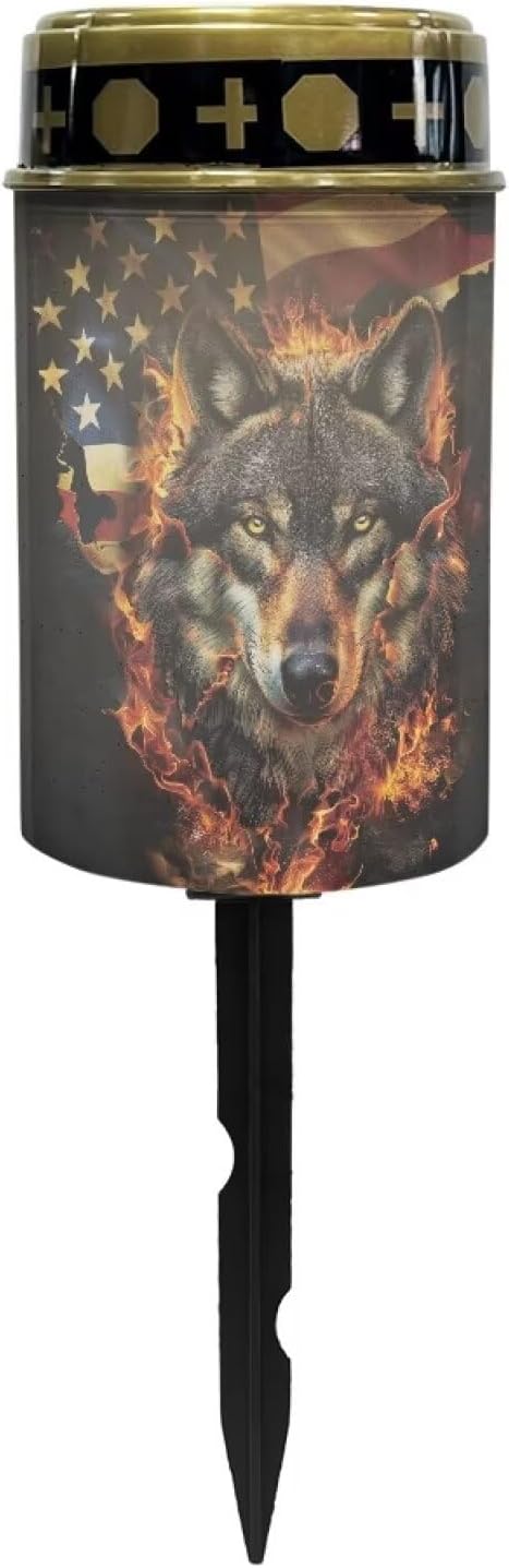 American Flag Wolf Flame Solar Garden Lights Outdoor Decorative Solar Stake Lights-Waterproof Warm White LED for Remembrance Gifts Cemetery Grave